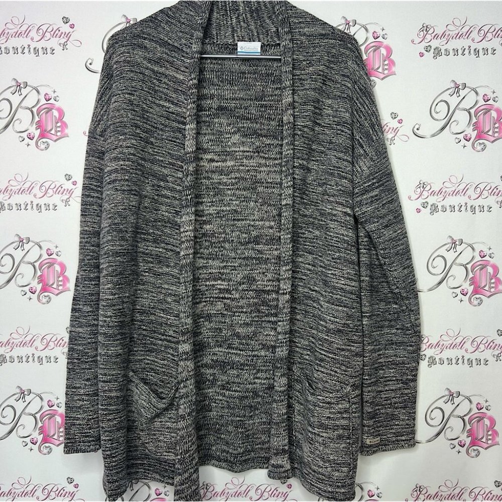 Columbia cardigan knitted heathered grey flowy with pockets warm cozy